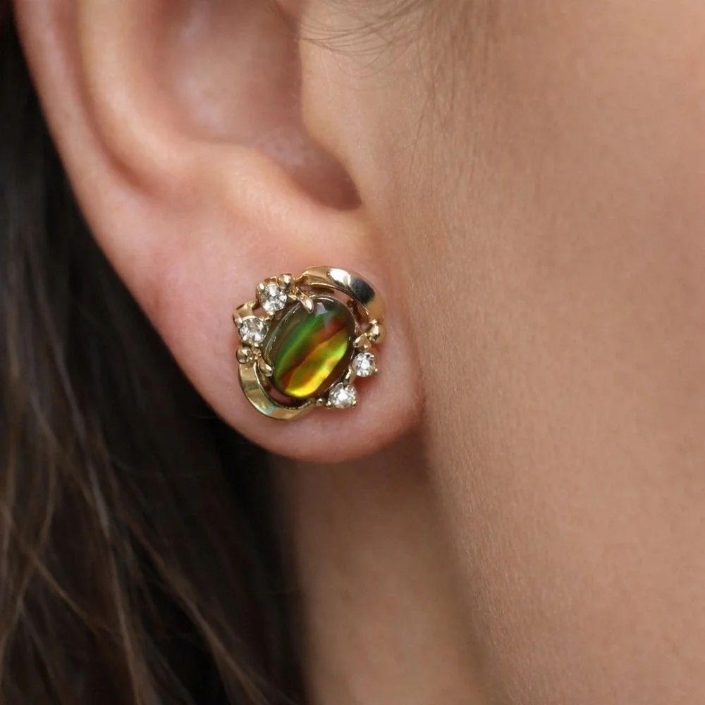Vintage Egyptian Revival Scarab Beetle Stud Earrings‎ Emerald Green Gold Gothic